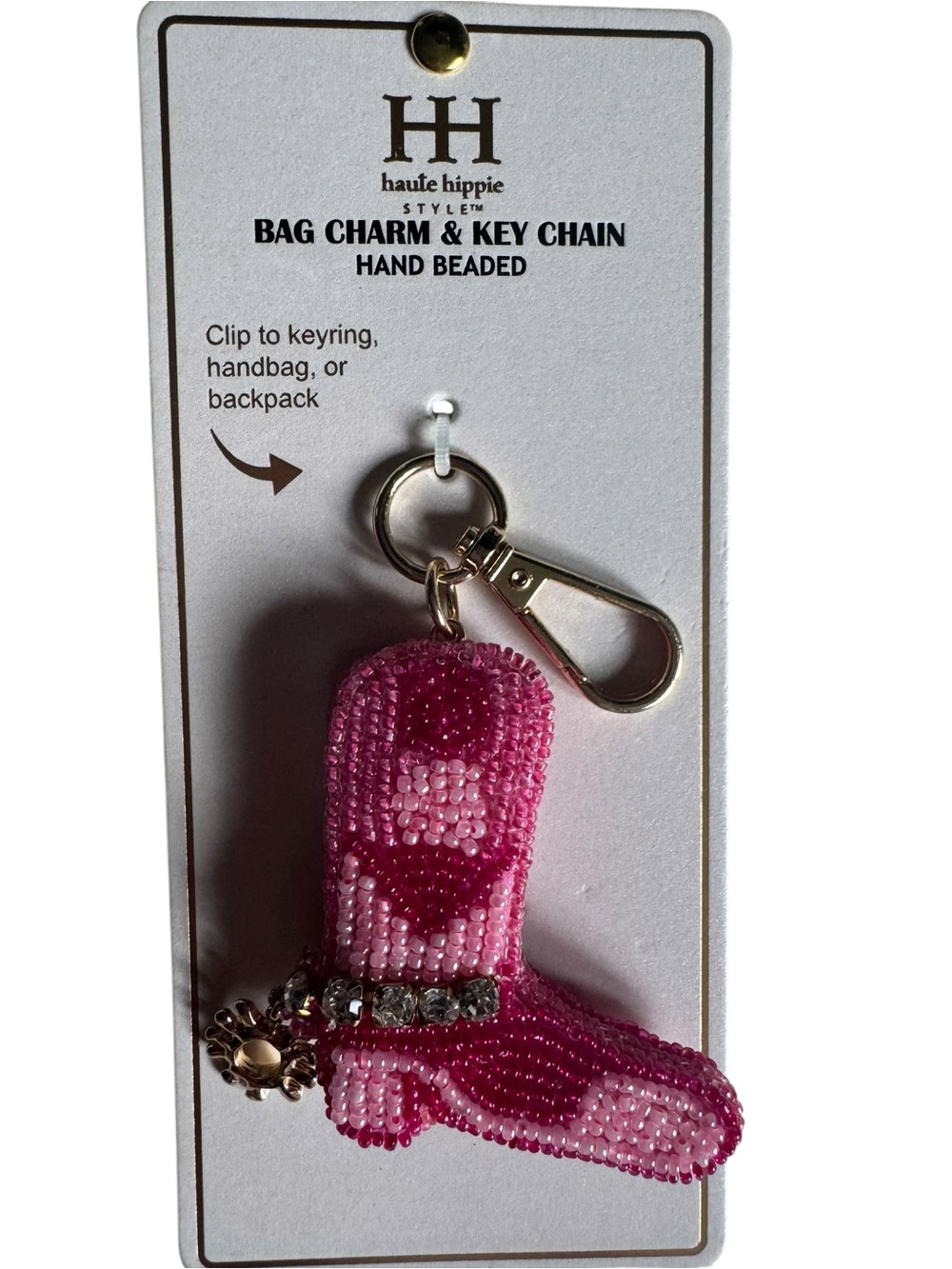 Haute Hippie Pink Beaded Cowboy Boot Bag Charm Key Chain